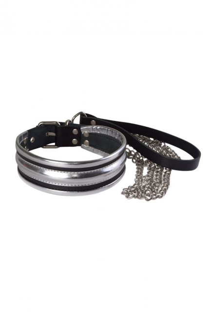 Серебристо-черный ошейник с поводком Серебристо-черный ошейник с поводком