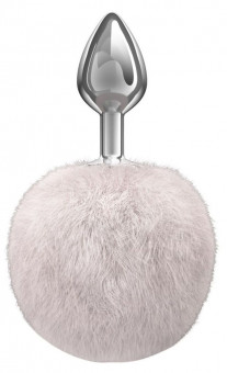 Серебристая анальная пробка с белым пушистым хвостиком Twinkle