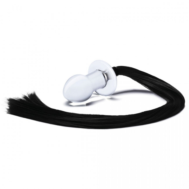 Стеклянная анальная пробка с черным конским хвостом Стеклянная анальная пробка с черным конским хвостом