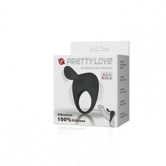 Чёрное эрекционное кольцо с вибрацией и клиторальным язычком Чёрное эрекционное кольцо с вибрацией и клиторальным язычком