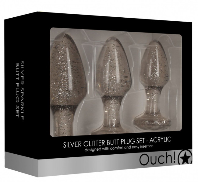 Набор из 3 серебристых анальных пробок Acrylic Goldchip Butt Plug Set Набор из 3 серебристых анальных пробок Acrylic Goldchip Butt Plug Set