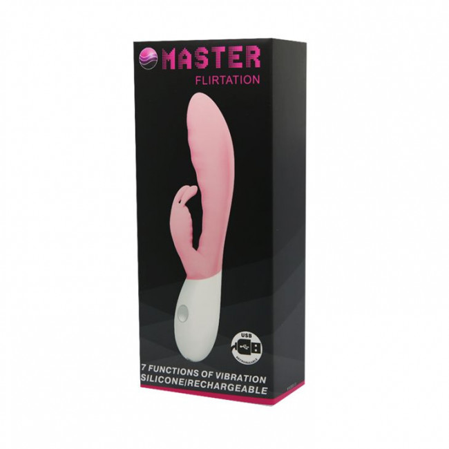 Розовый перезаряжаемый вибратор с клиторальным зайчиком Master Flirtation - 20 см.
