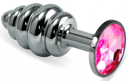 Серебристая ребристая анальная пробка с малиновым кристаллом - 7,5 см.