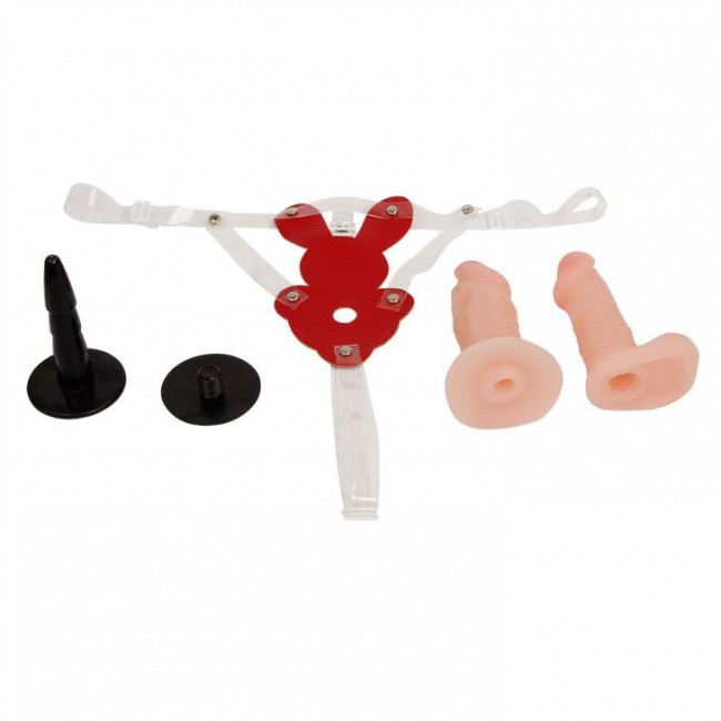 Женский страпон с двумя сменными насадками - 10,6 и 10,6 см.