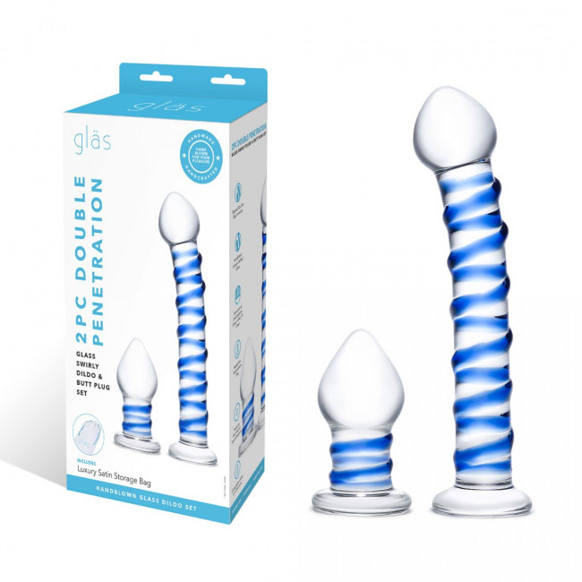 Набор из 2 стеклянных игрушек с синей спиралью Swirly Dildo & Buttplug Set Набор из 2 стеклянных игрушек с синей спиралью Swirly Dildo & Buttplug Set
