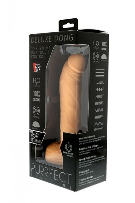 Телесный вибратор из силикона с кнопкой в основании ствола PURRFECT SILICONE DELUXE ONE TOUCH 8INCH - 20 см.
