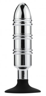 Серебристая рельефная анальная пробка на черной присоске - 16,5 см.