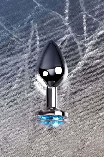 Серебристая конусовидная анальная пробка с голубым кристаллом - 8 см. 