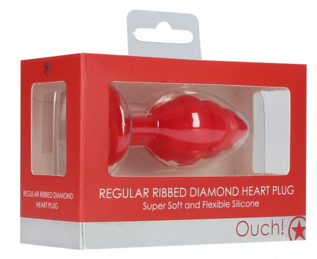 Красная анальная пробка Regular Ribbed Diamond Heart Plug - 7 см.