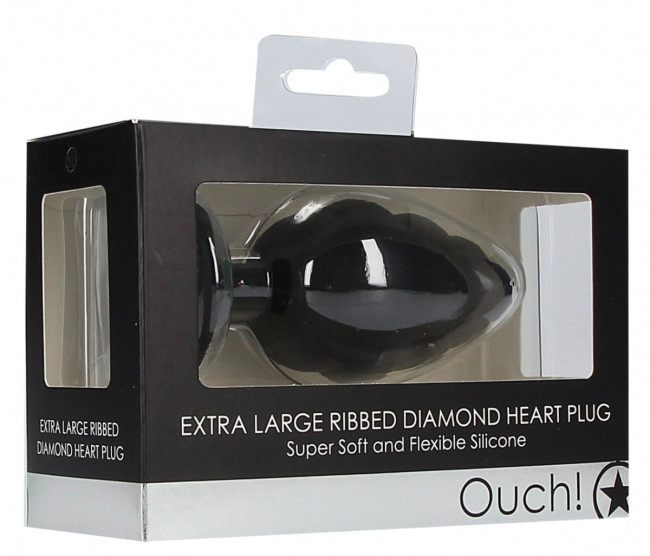 Черная анальная пробка Extra Large Ribbed Diamond Heart Plug - 9,6 см.